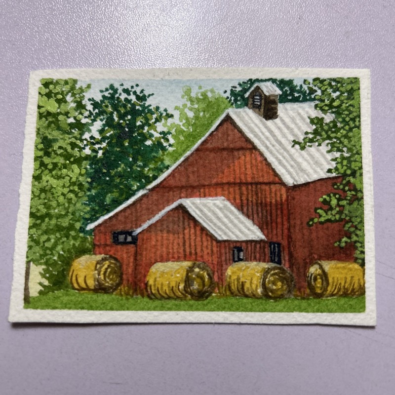 ACEO Art card Original Mixed , Media Old Red Barn Round Hay, Farm Art Painting .