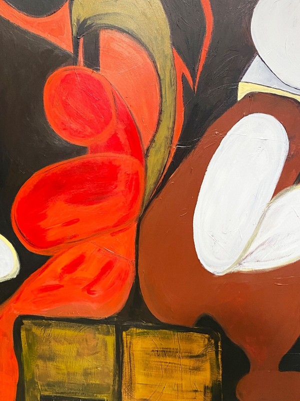 #6821 Acrylic on Canvas Abstract Signed YJR 48" H "L'enceinte et les oiseaux " gallery