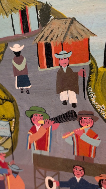 J. Francisco Ugsha Tigua Ecuador Folk Art Painting Signed Large 14x20 gallery