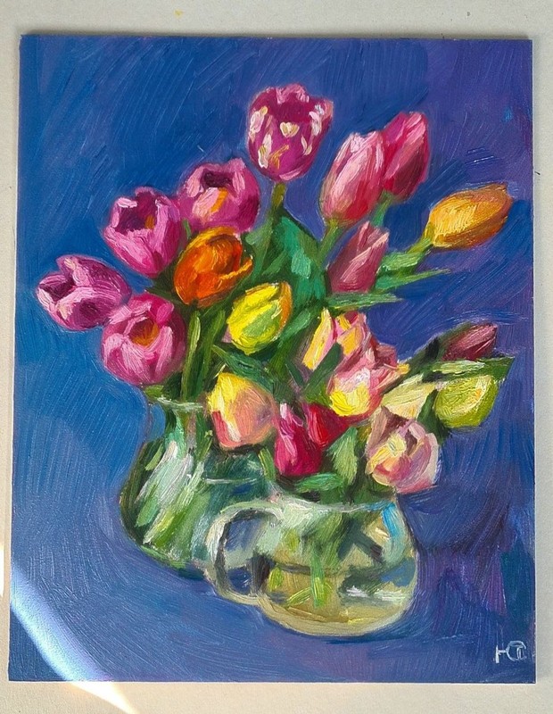 Original Oil Painting Tulips Glass Vase Colorful Still Life 12×10″ Cardbord