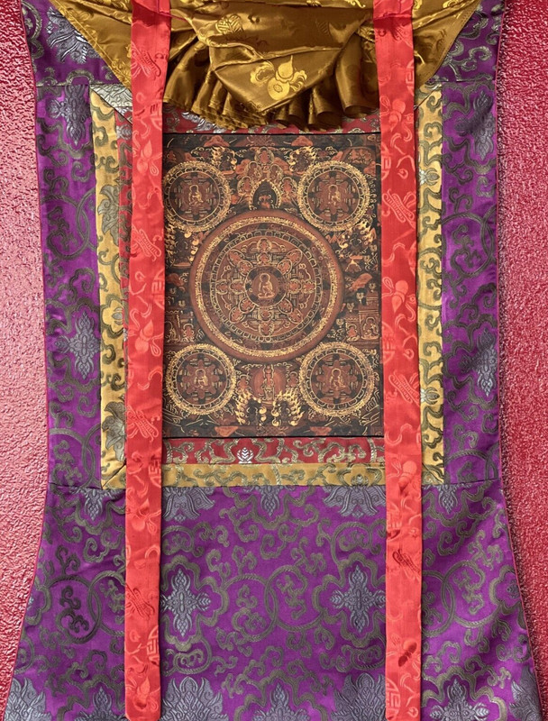 BUDHHA LIFE / WHEEL OF LIFE MANDALA TIBETAN THANGKA PAINTING WITH SILK BORDER gallery