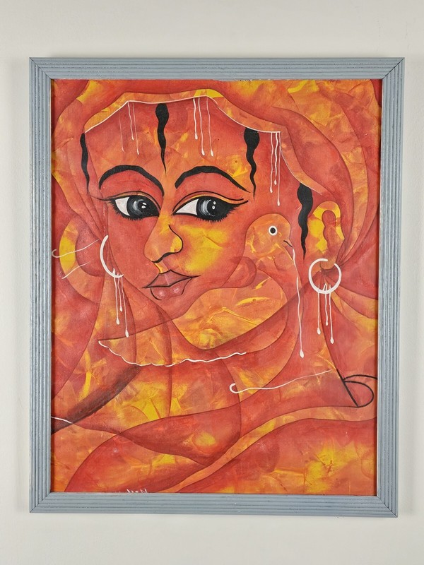 Original Illegibly Signed Painting 21.75×17.5 Framed Abstract Goddess & Bird Art