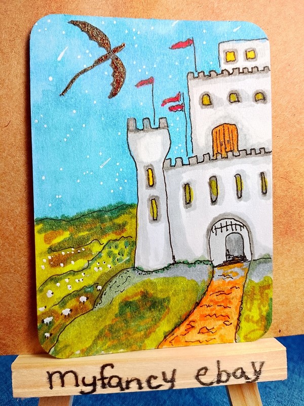ACEO ATC Castle and patrol Dragon painting new 3.5″ x 2.5″ myfancy