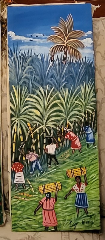 Haitian Folk Artist Edy Mirtyl, original Folk Art painting Harvesting Bamboo