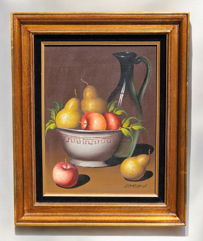 VIOLET DEMAZIA STILL LIFE ORIGINAL OIL PAINTING FRUIT PARIS FRANCE VINTAGE RARE