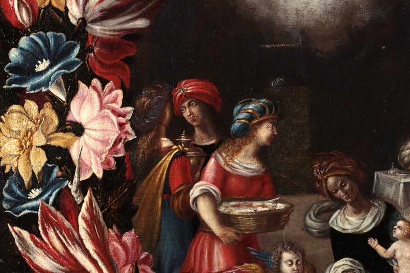17th CENTURY LARGE DUTCH OLD MASTER OIL CANVAS , Flowers, FIRST BATH OF CHRIST gallery