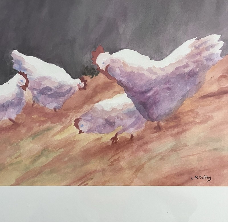 Vtg Original Framed Watercolor Painting Farm Hens Chicken Signed By L M Coffey gallery