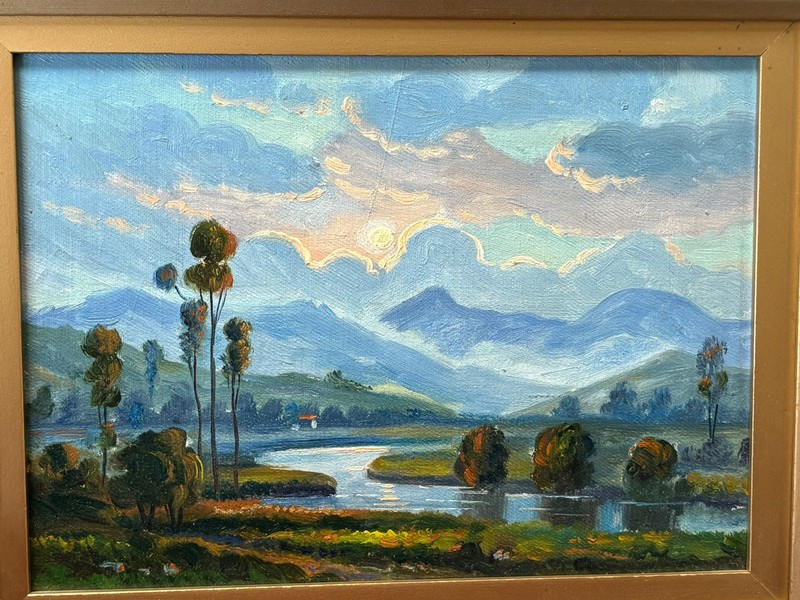 Vintage Landscape Painting Marsh Coastal Lake Mountain River Signed Pair gallery