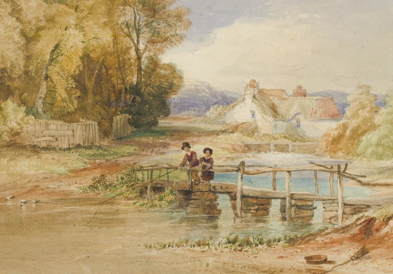 Framed Mid 19th Century Watercolour - Couple on the Bridge gallery