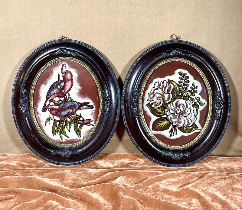 Pair Antique 1800s Victorian Reverse Painted Cockatoos Peonies Rosewood Frames