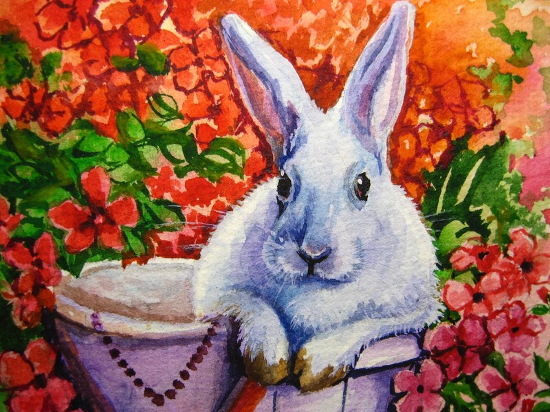 Watercolor Painting Bunny or Rabbit Easter Flowers Green Nature ACEO Art