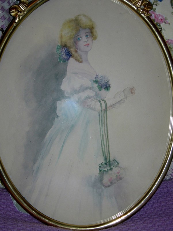 VICTORIAN LADY - WATERCOLOR - BRASS FRAME w/ CONVEX GLASS & CHAIN - 16" - LOVELY gallery