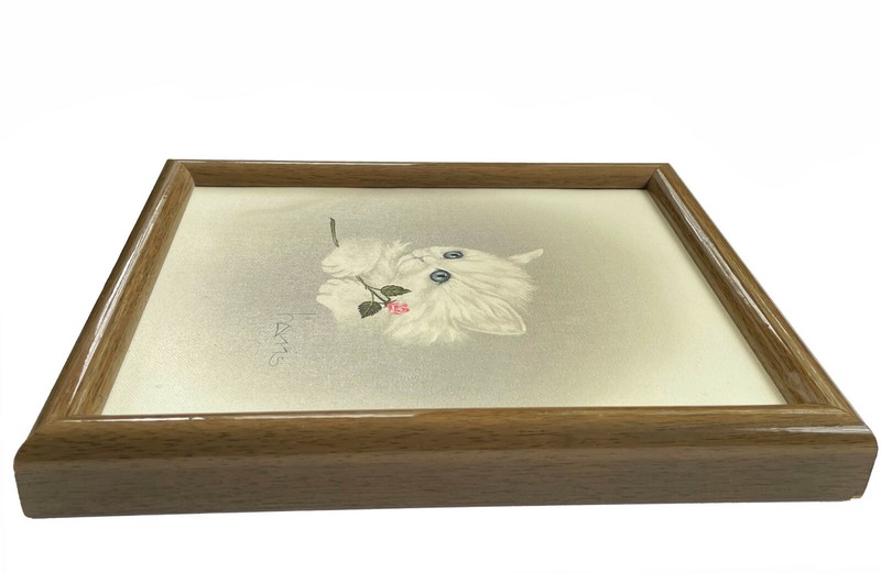 PEGGY HARRIS Original Framed Oil Painting White Kitten w Pink Rose Vintage 1980s gallery