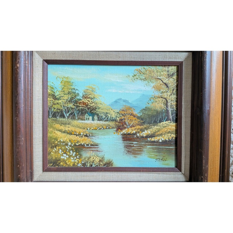 Paul Signed Original Landscape Oil Painting Framed Vintage Cabin River Scene gallery