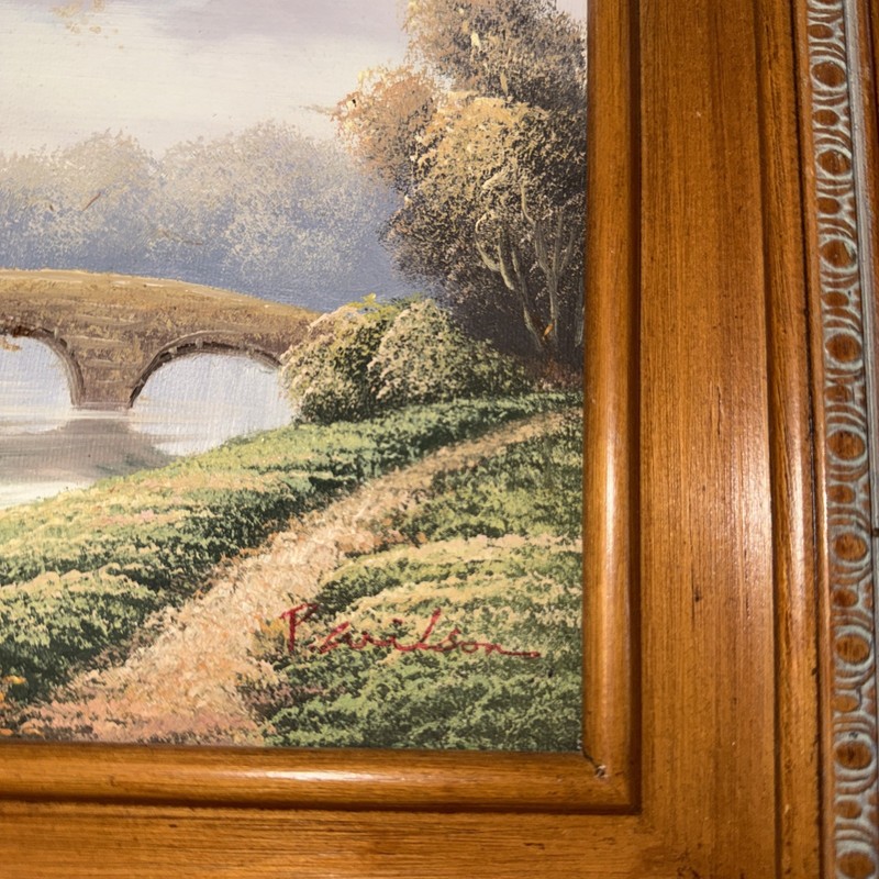 Original Oil Painting Signed P. Wilson Framed Landscape River Scene 16 X 14” gallery