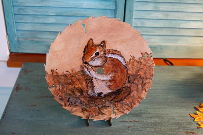 Original Painting Chipmunk Autumn Leaves On 10" Sawblade Signed LW Fall Decor gallery