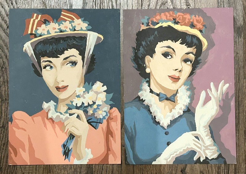 2 Vintage Midcentury PBN Parisian Lady Woman Coquette Paint by Number Paintings