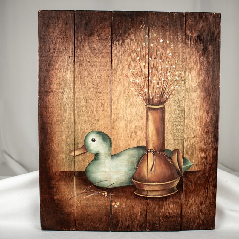 Grandma Vintage Handmade Farmhouse Duck Scene Oil Painting Wood 17.75″L x 14.5″W