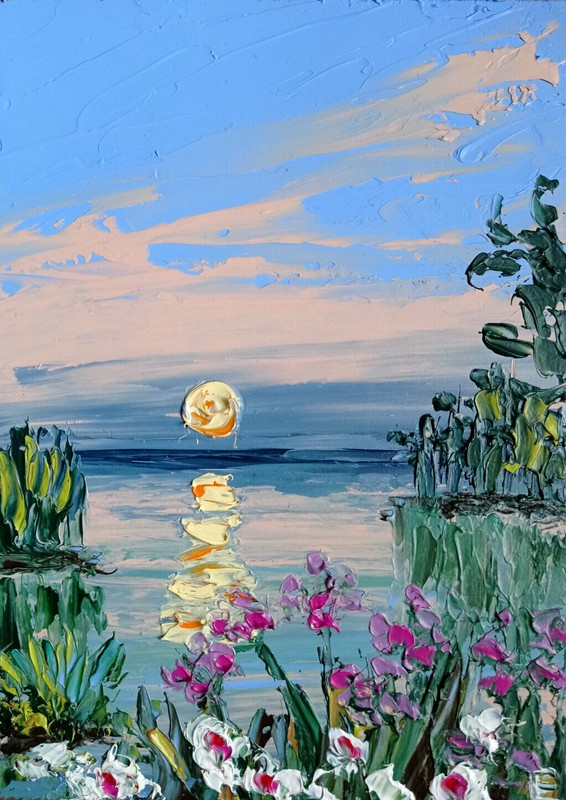 Original Oil Painting Sunset Landscape River Wildflowers Art Wall Decor size 7×5