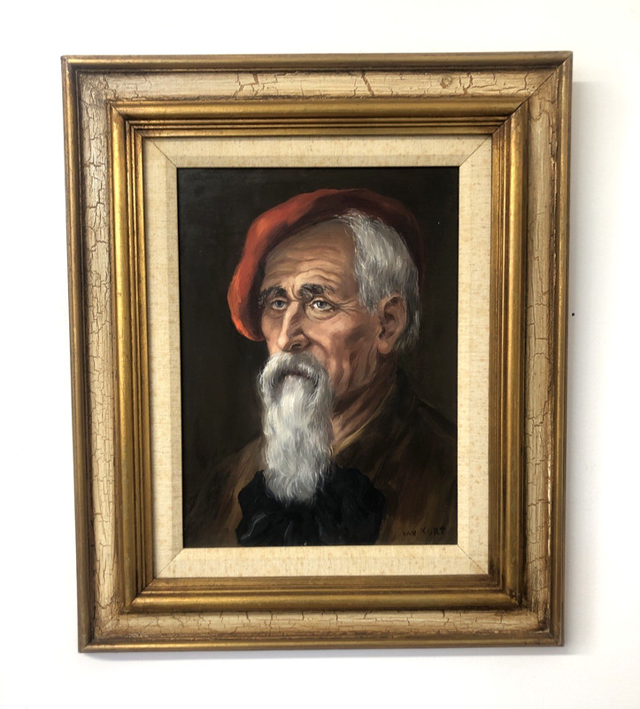 Oil Painting Portrait of Old Bearded Man Wearing Red Beret 1900s