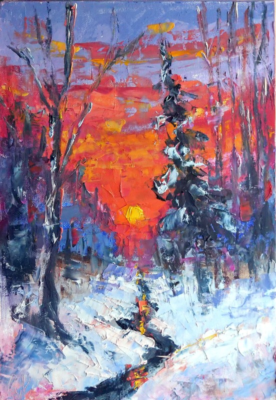 Winter Forest Sunset 8×12″ Oil Painting 100% Handmade Original Art