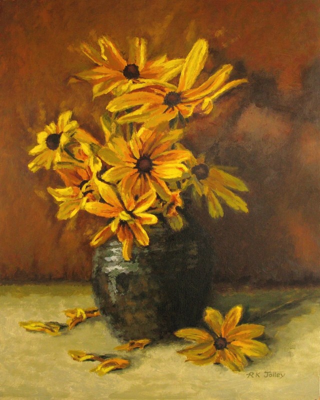 R.K. Jolley original oil painting on canvas yellow flowers black eyed susans