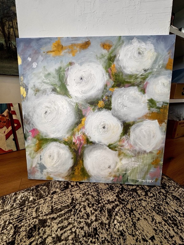 Original Acrylic Abstract Painting Flowers Art Canvas AL Artist Whites OOAK