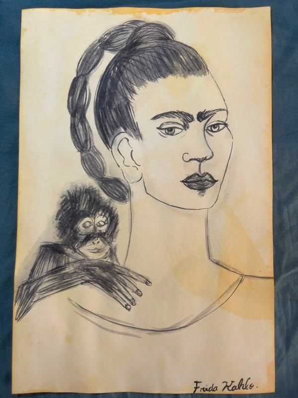 FRIDA KAHLO drawing and painting on old paper signed stamped vintage