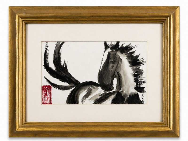 Vintage Asian Ink Wash Horse Painting Signed Sher Afcaxs Framed Original Art