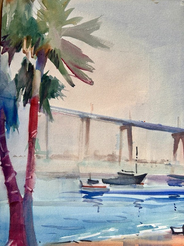 Large Signed California Impressionist Watercolor Painting Coronado Bridge gallery