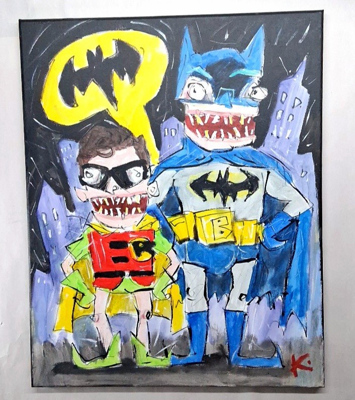 Original Batman & Robin Painting Lrg Folk Art OOAK Canvas Batman 66 Thayer Art 