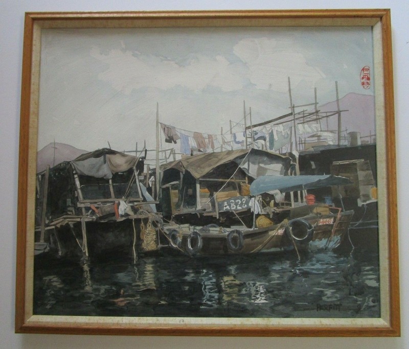 PARFITT PAINTING SIGNED OLD JUNK BOATS CHINA ? NAUTICAL VILLAGE MARINA OLD PORT