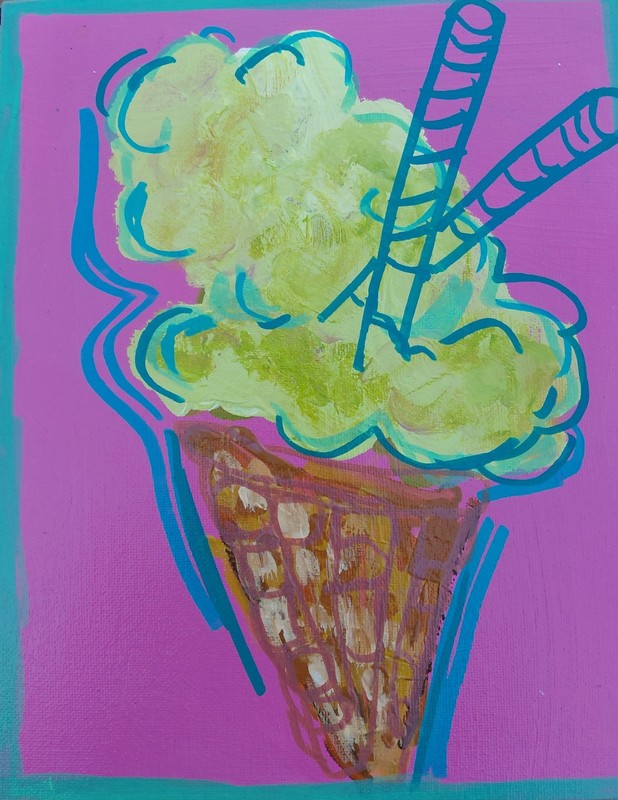 icecream cone Pink Green 8×10 orignal art canvas board Acrylic