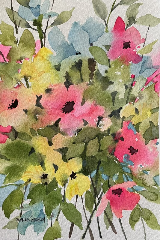 6X9 Original Pamela Wilhelm Loose Watercolor Coral Pink Yellow Green Floral