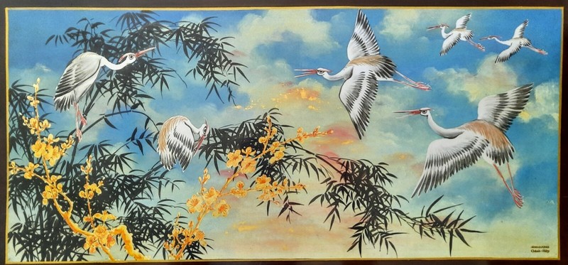 Vintage Asian Art Cranes Lotus Acrylic Painting on Plywood Vietnam 31 x 16 in gallery