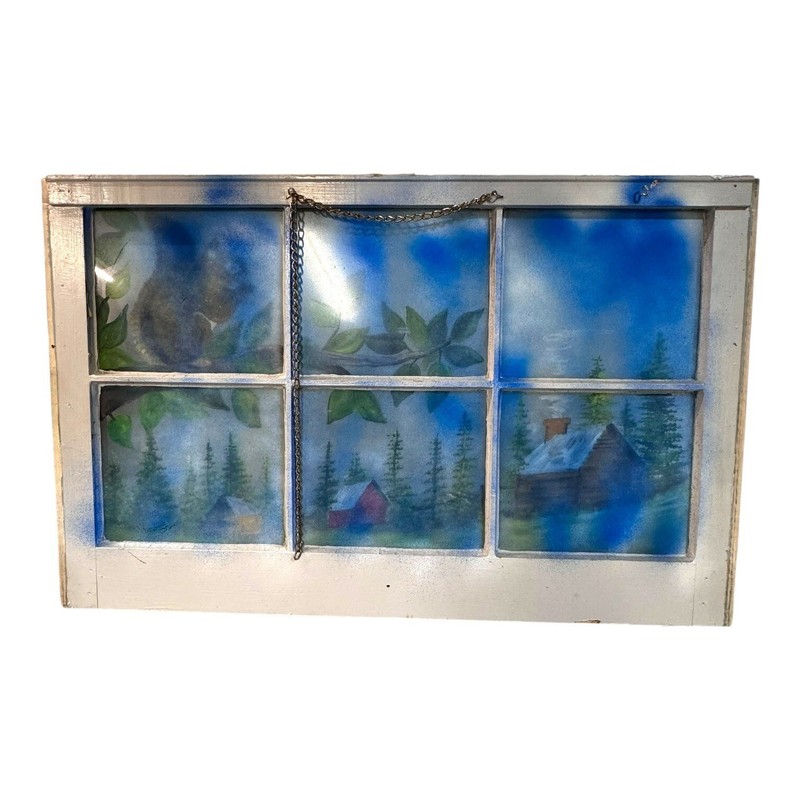 Vintage Janice Palmer Hand-Painted Window Art With Rustic Cabin & Squirrel Scene gallery
