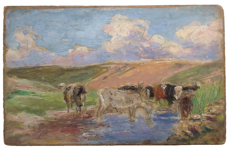 19th Century Impressionism Eugene BOUDIN Landscape Cows Authentic Oil painting