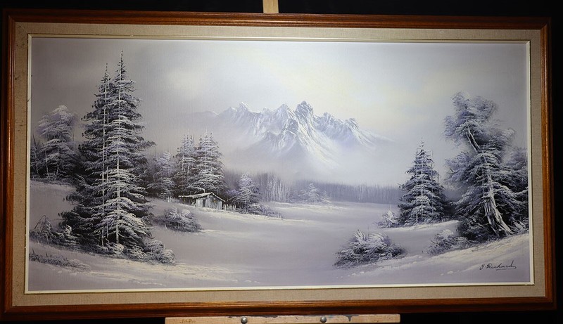 ⭐Large Winter Landscape Painting 135cm x 73cm - Serene Snowy Mountain Scene G. R