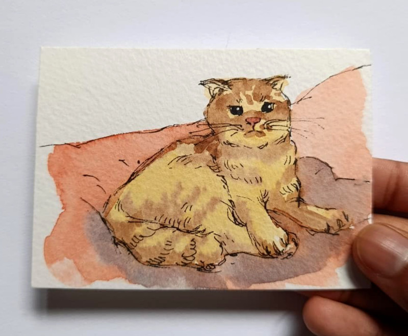 ACEO Original Watercolor Painting Orange Tabby Cat Lounging Pet OOAK Mini Art