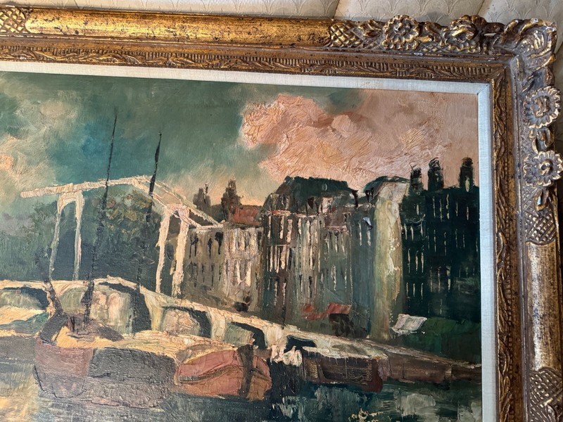 Huge Gerard Red? "Dutch Canal Traffic" Oil Painting - Signed And Framed gallery