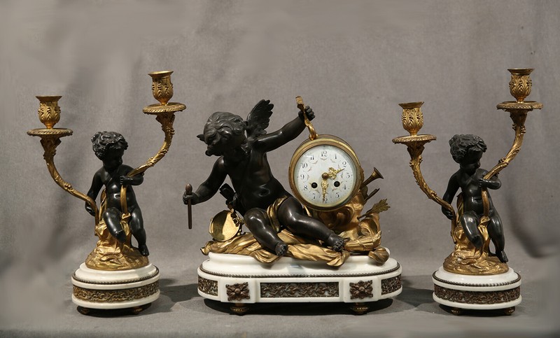 French Antique 3 Piece Clock Marble Garniture Set with Cherubs & Candelabras