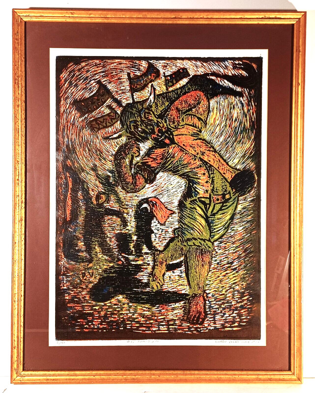 POWERFUL ’91 MEXICAN PRADO VELAZQUEZ SIGNED ORIGINAL LINOCUT STUNNING EL TORITIO