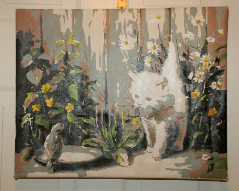 Kitten Watching Bird Completed Paint by Number 16X20 Canvas