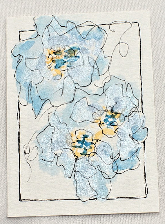 Original ACEO Watercolor Blue Floral with Ink and Iridescent Accents OOAK Signed
