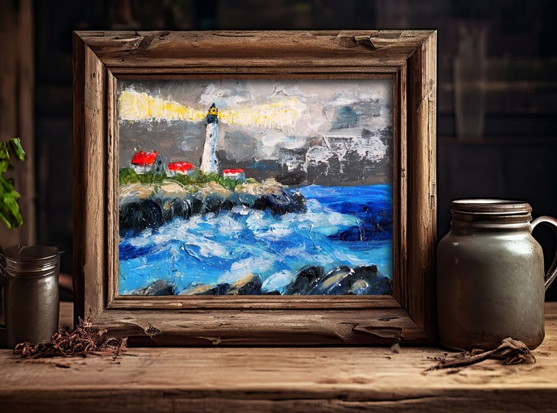 Maine Lighthouse Textured Painting 8x10" Nautical Portland New England Storm gallery