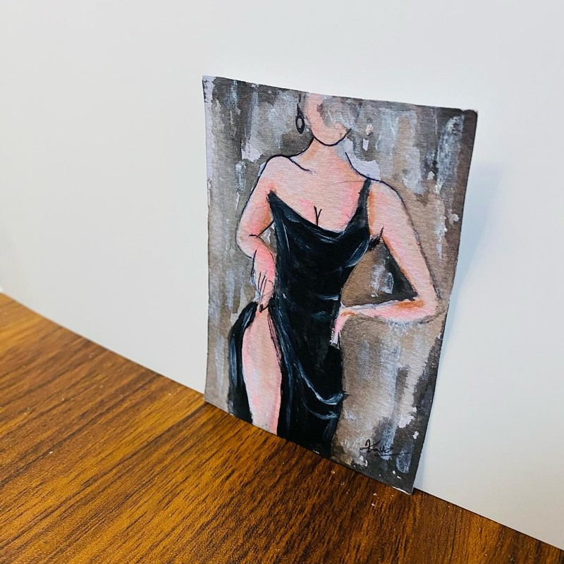 ACEO Elegant Woman in Black Dress Fashion Illustration Painting Watercolor Art gallery