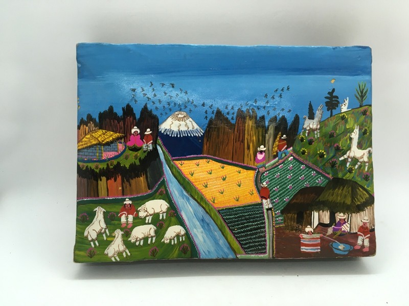 Ecuadorian Miniature Painting ~ Indigenous Farm Scene Folk Art Ecuador