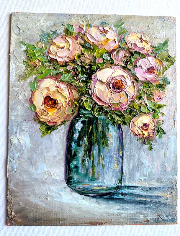 ORIGINAL OIL Painting ROSES FLOWERS impasto 10″x 8″ by Olga Diduh.