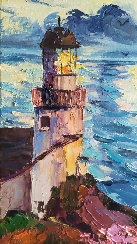 Oil painting on canvas original hand painted art with lighthouse 16×8 inches