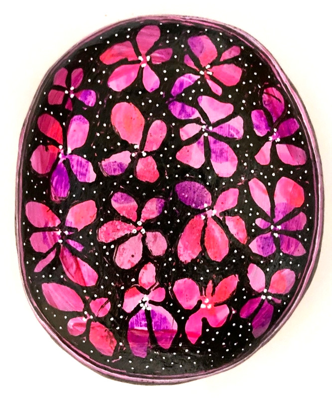 Pink Purple Black Floral Hand Painted Rock Art Flowers Stone - amylenore
